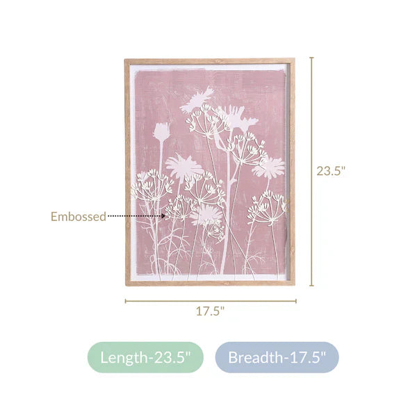 Floral Emboss Print Canvas Wall Art - Pink & White