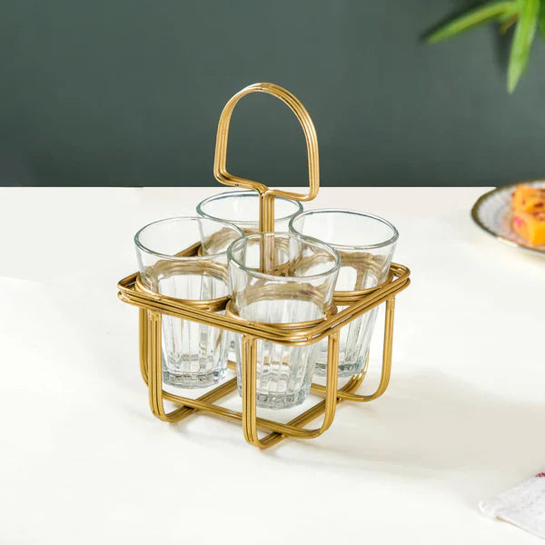 Tea Glass , Set Of 4 With Gold Metal Stand - India Series