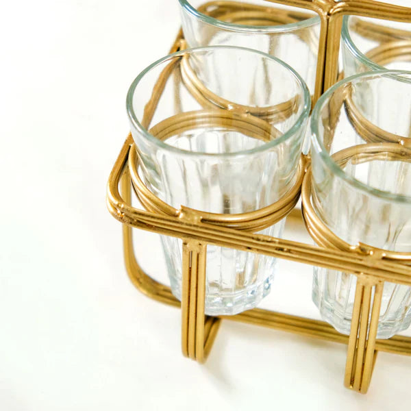 Tea Glass , Set Of 4 With Gold Metal Stand - India Series