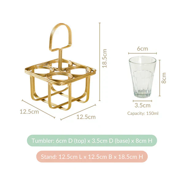 Tea Glass , Set Of 4 With Gold Metal Stand - India Series