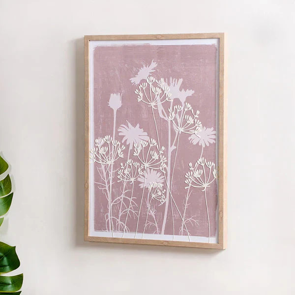 Floral Emboss Print Canvas Wall Art - Pink & White